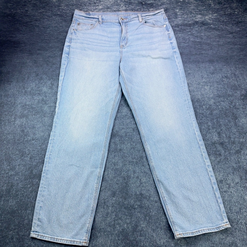 American Eagle Super High-Rise Straight Jeans Light Wash Blue Stretch Size 16‎